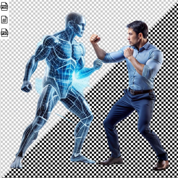 PSD man fight pose with ai robot on transparent background