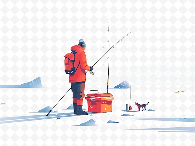 PSD a man fishing in the snow with a red jacket and a red backpack