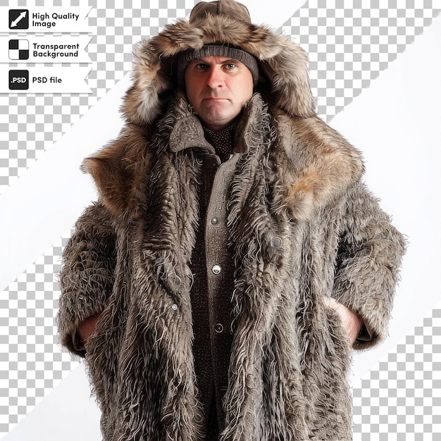 PSD a man in a fur coat stands in front of a white background