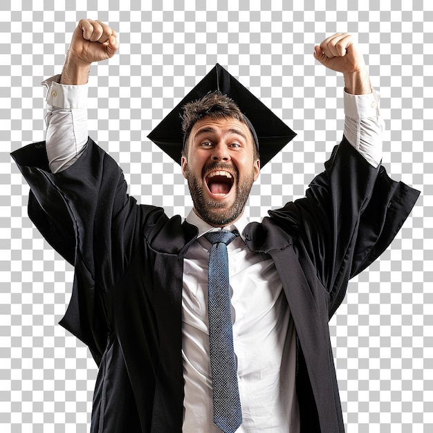 PSD a man in a graduation gown is smiling and holding his hands up in the air