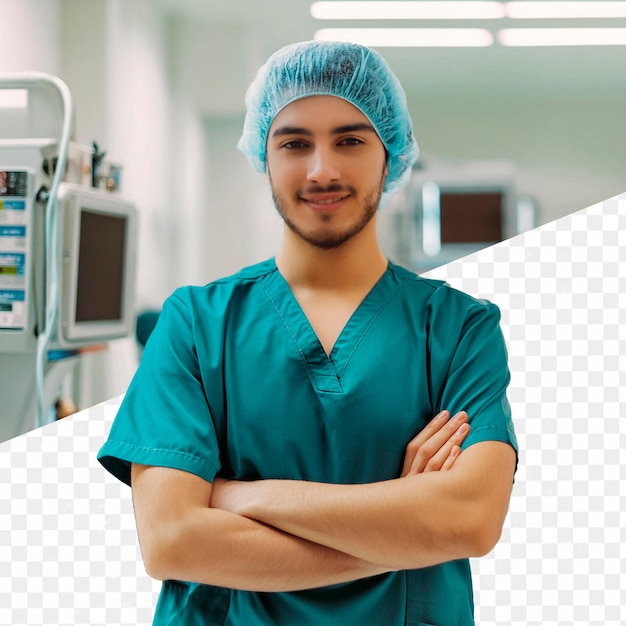 PSD a man in a green scrubs uniform stands in front of a monitor with the word medical on it