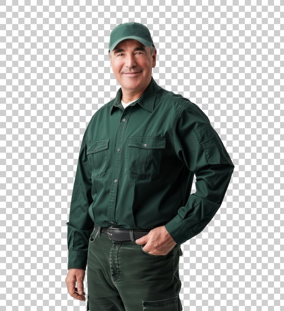 PSD man in green worker uniform isolated on transparent background