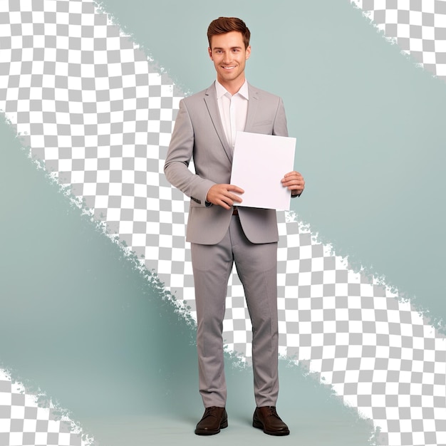 a man in a grey suit stands in front of a white and black checkered wall.