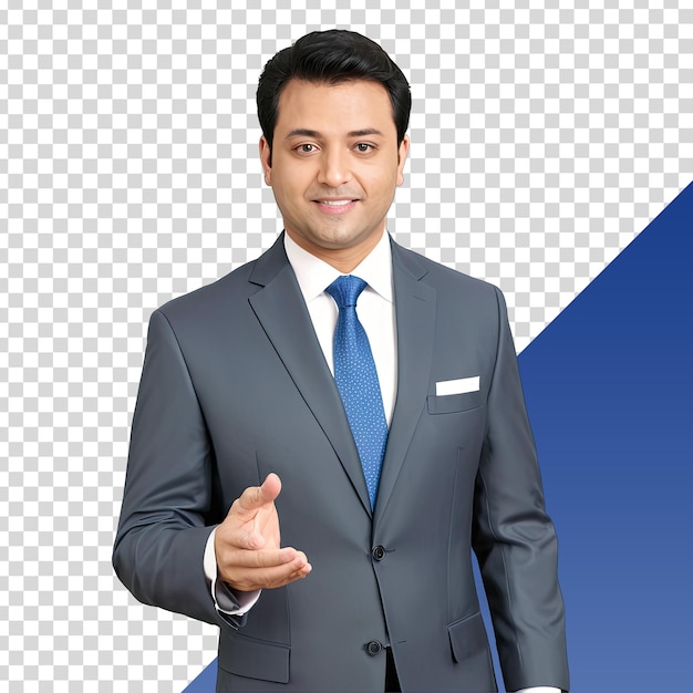 a man in a grey suit with a blue tie and a blue background with a white logo