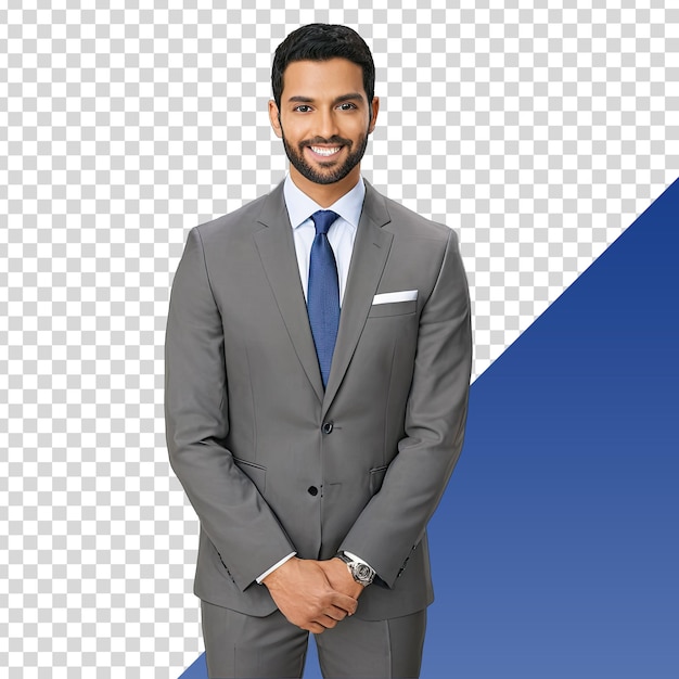 a man in a grey suit with a blue tie and a blue background