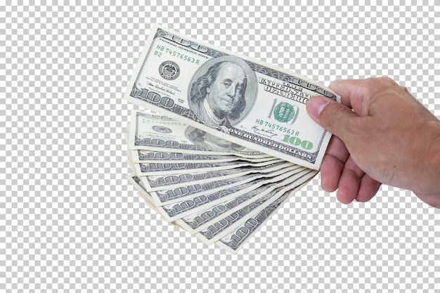 Man hand holding 100 US dollar banknote isolated on white background Business and financial concept