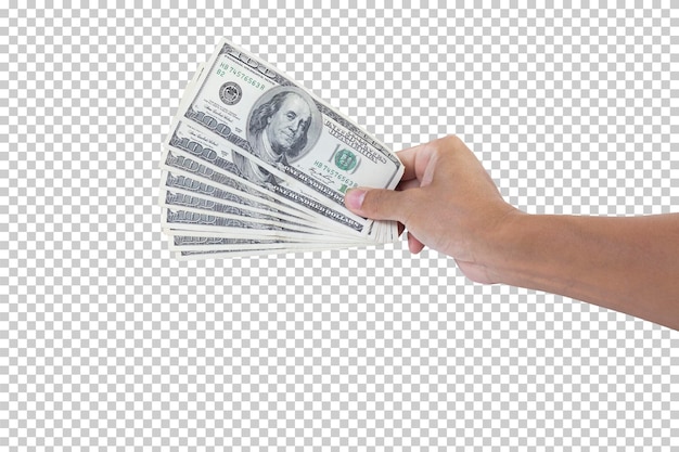 Man hand holding 100 US dollar banknote isolated on white background Business and financial concept