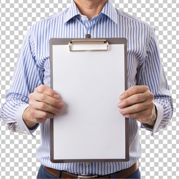 PSD man hand holding clipboard with blank transparent background