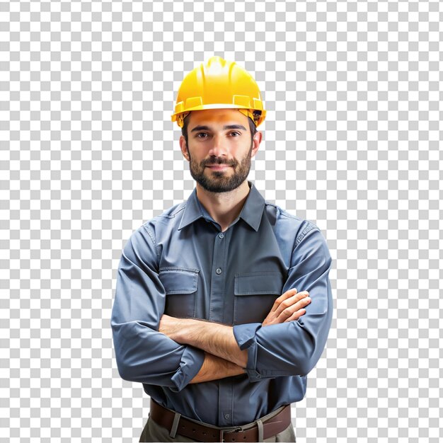 PSD a man in a hard hat and plaid shirt on transparent background