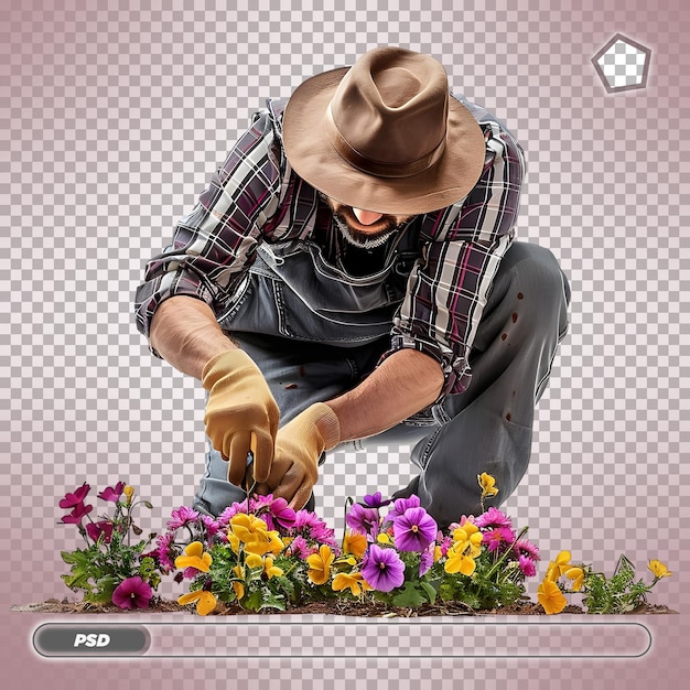 Man in a hat planting flowers in a garden Isolated on transparent background