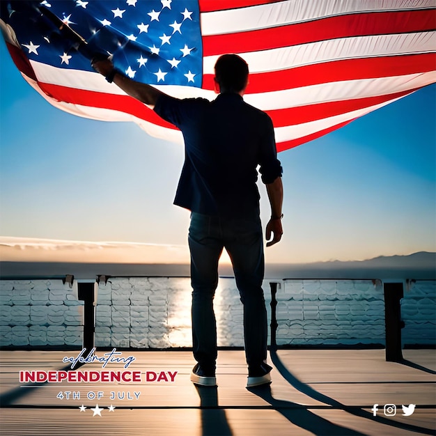 A man holding an american flag in front of a lake.