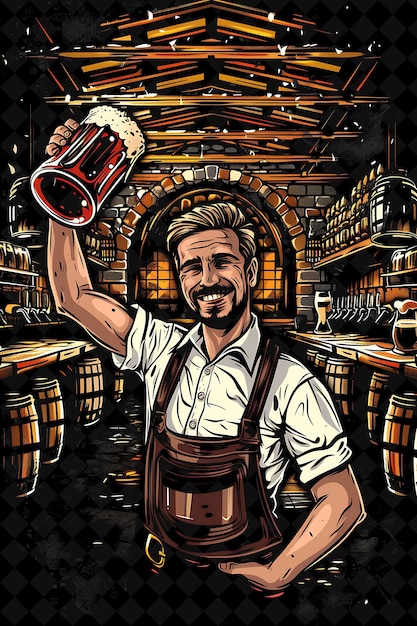 PSD man holding a beer stein and smiling with a backdrop of a be flat illustration beer culture design