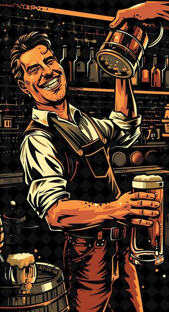 PSD man holding a beer stein and smiling with a backdrop of a be flat illustration beer culture design