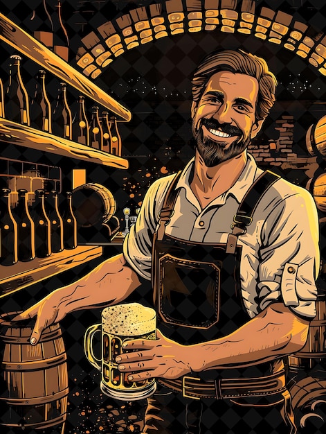 PSD man holding a beer stein and smiling with a backdrop of a be flat illustration beer culture design