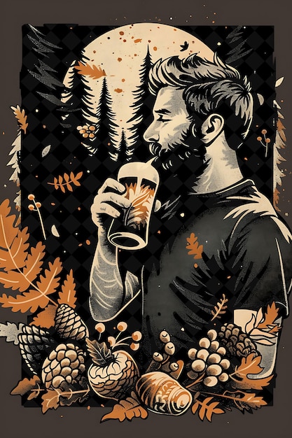 PSD man holding a beer with a forest landscape in the background flat illustration beer culture design