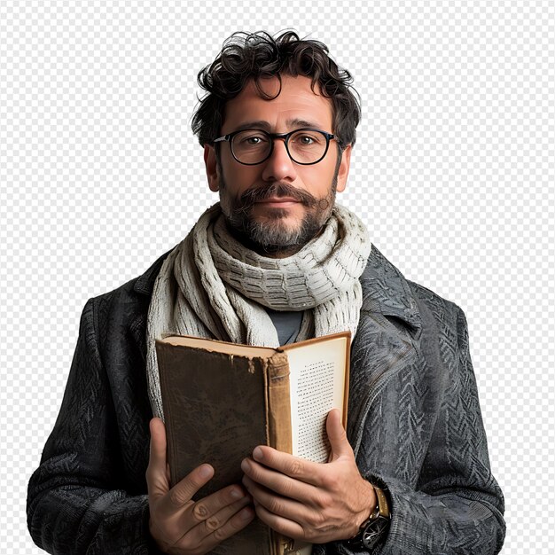 PSD man holding a book on isolated transparent background