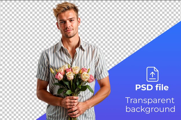 PSD a man holding a bouquet of roses with the text  x - h  on it