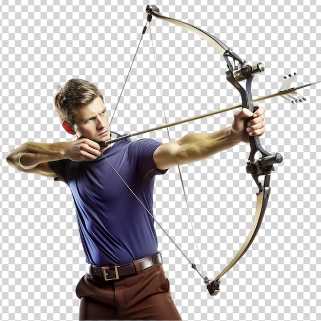 A man holding a bow and arrow preparing to shoot on transparent background