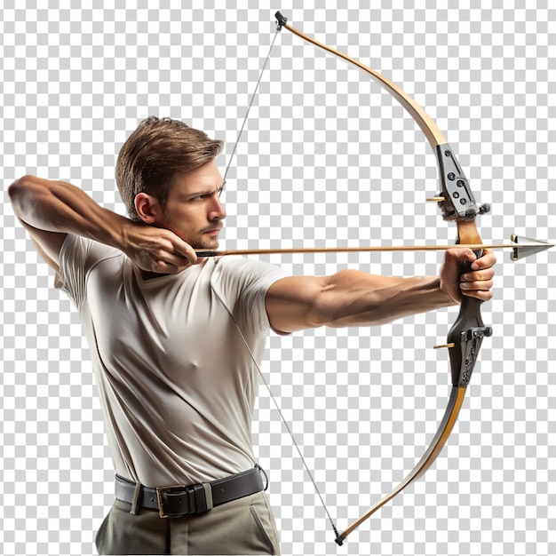 PSD a man holding a bow and arrow preparing to shoot on transparent background