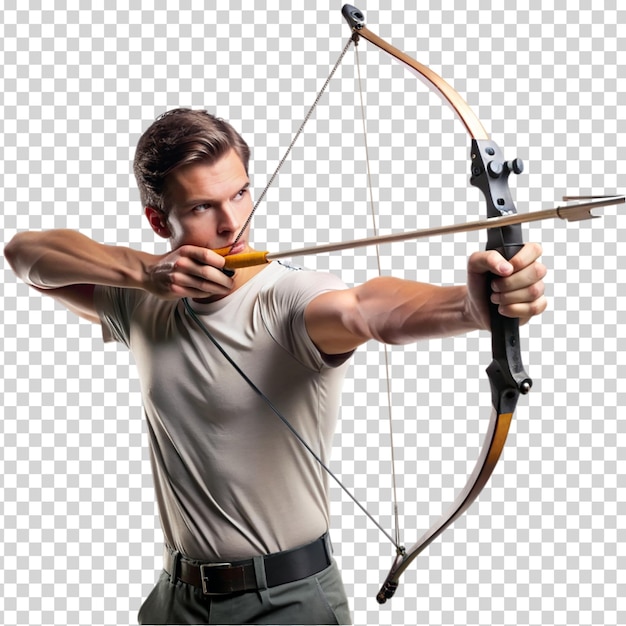 PSD a man holding a bow and arrow preparing to shoot on transparent background