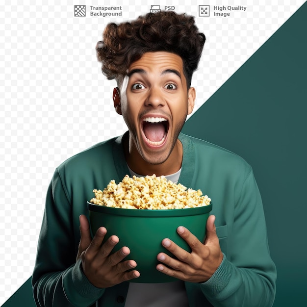 a man holding a bowl of popcorn and a poster for the movie movie