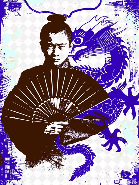 PSD a man holding a fan that has a dragon on it