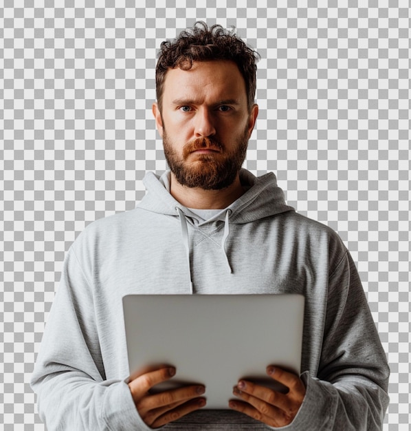 PSD a man holding a laptop on isolated transparent background