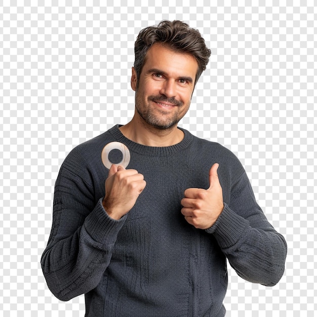 PSD man holding a roll of tape and giving thumbs up