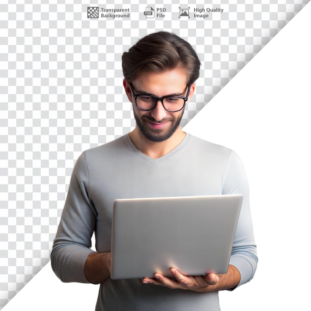 Man holding and smiling at a laptop possibly enjoying a video or work success