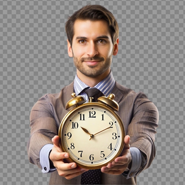 man holding vintage clock on transparent background