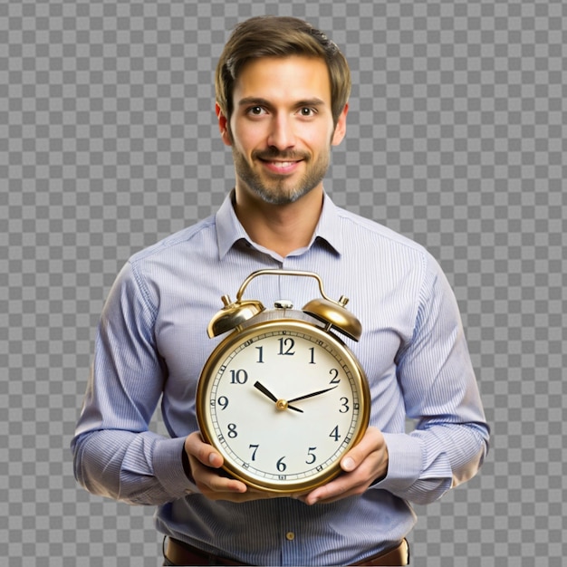 man holding vintage clock on transparent background