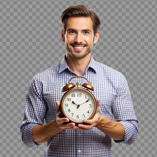 man holding vintage clock on transparent background