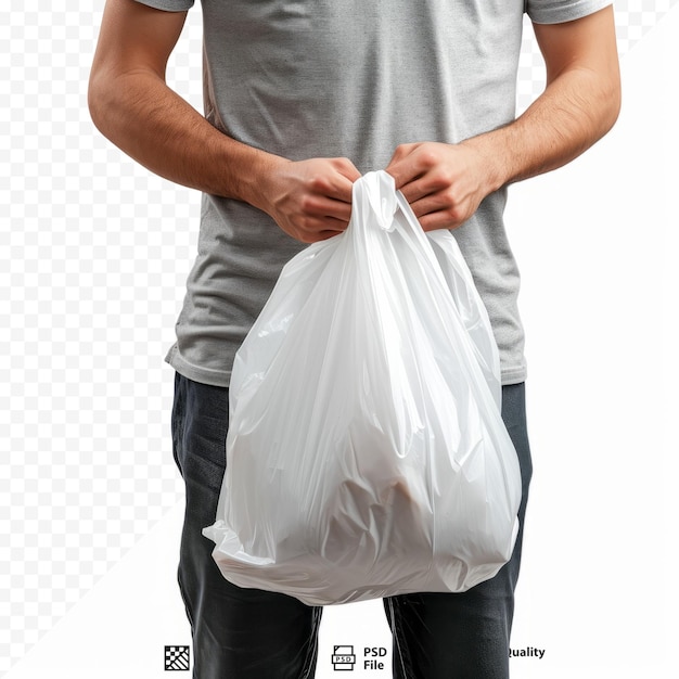 A man holding a white plastic bag Close up Isolated on white isolated background