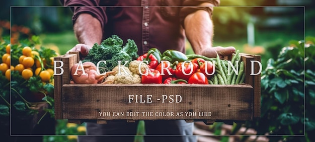 PSD man holding a wooden crate of freshly picked vegetables