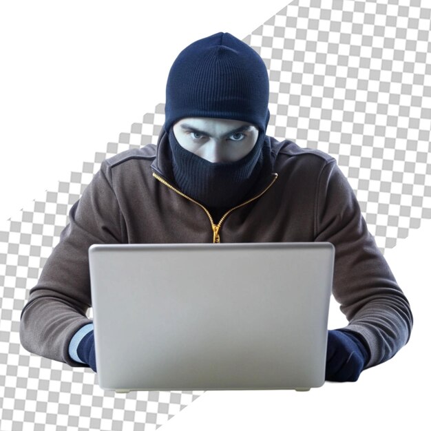 PSD man in hoodie using laptop or a hacker isolated on transparent background