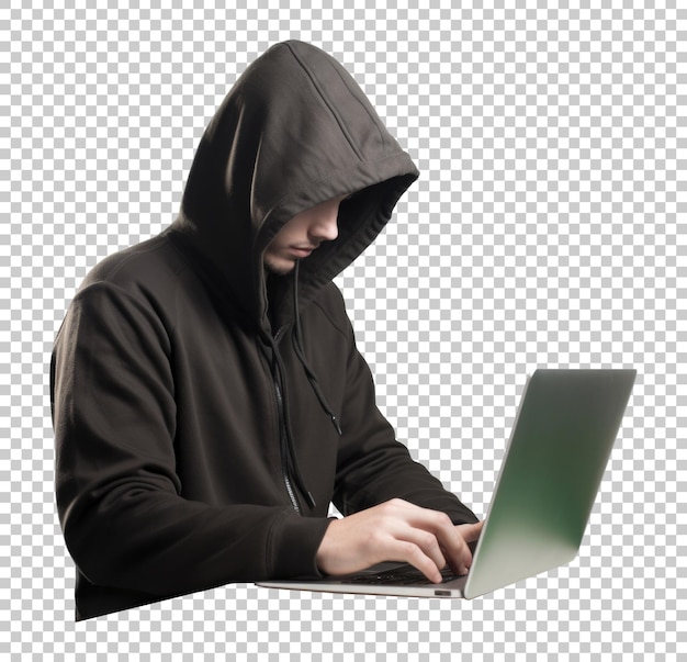 Man In Hoodie Using Laptop or a Hacker Isolated on Transparent Background