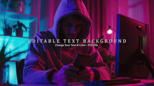 PSD man in a hoodie using a smartphone in a dimly lit room