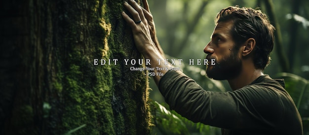 PSD man hugging tree trunk in tropical forest