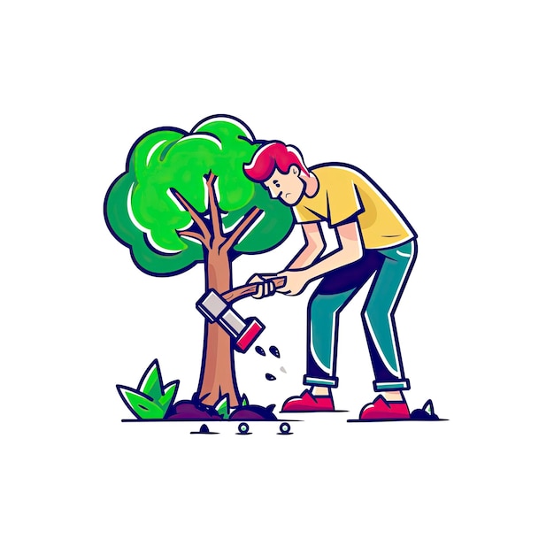 A Man Is Depicted Cutting A Tree Cartoon Illustration