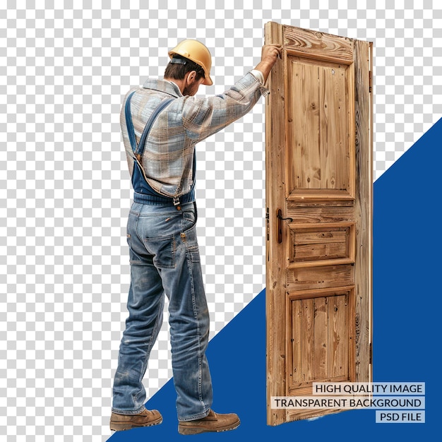 PSD a man is fixing a wooden door that says  suspecis