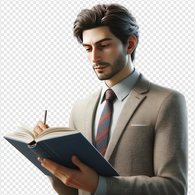 a man is holding a book and a pen is looking at the screen