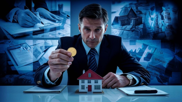 a man is holding a gold coin in front of a house with a house on the table