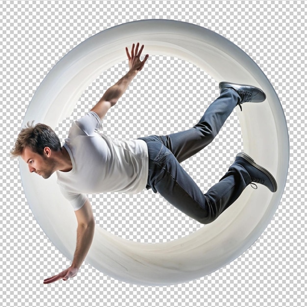 a man is jumping in a circle with a white circle in the middle