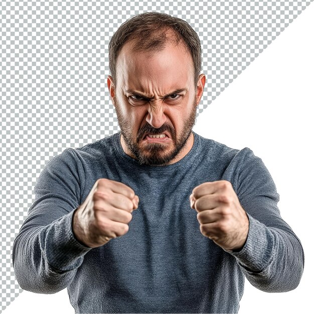 PSD a man is showing anger with his fists clenched and a fierce expression isolated against a plain png backdrop angry man on transparent background