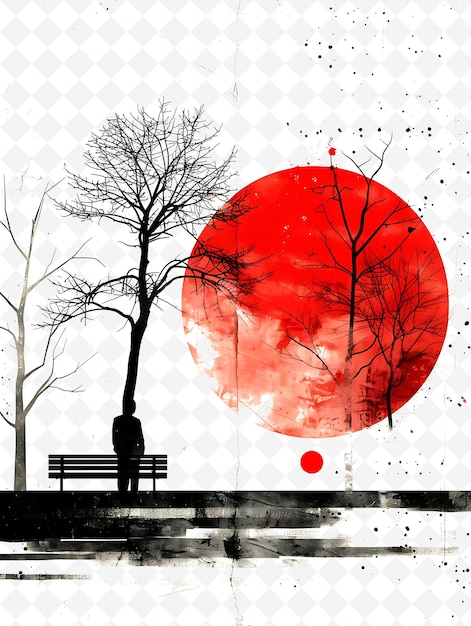 PSD a man is sitting on a bench and the moon is red