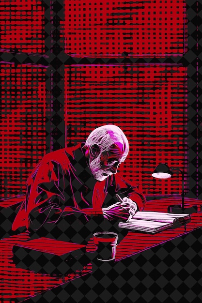 a man is sitting at a desk with a red background