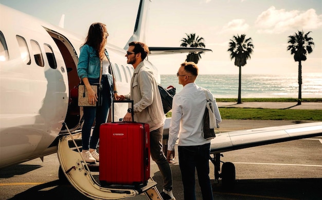 a man is standing next to a red suitcase on the ground