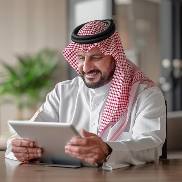 PSD a man is using a tablet with a red and white checkered cloth