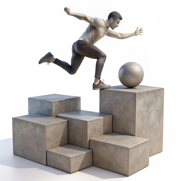 PSD a man jumping over some cubes with a ball on it