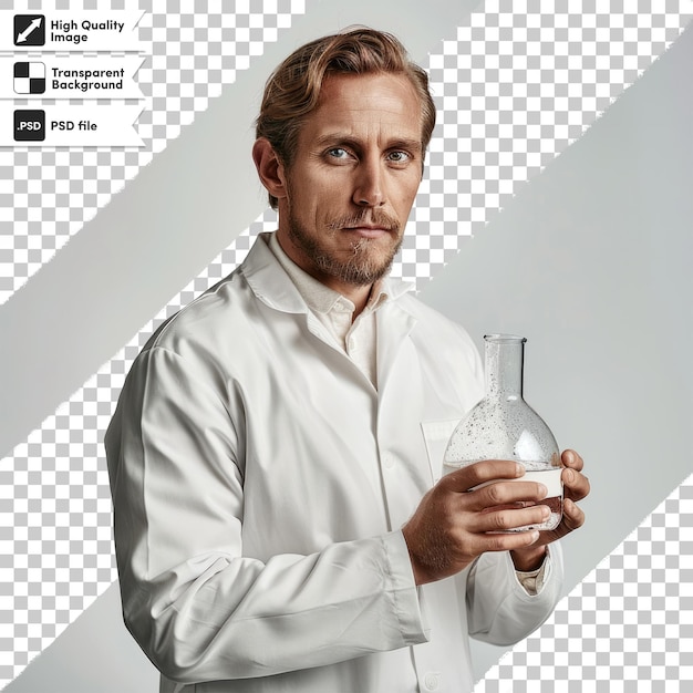 PSD a man in a lab coat holds a bottle of vodka